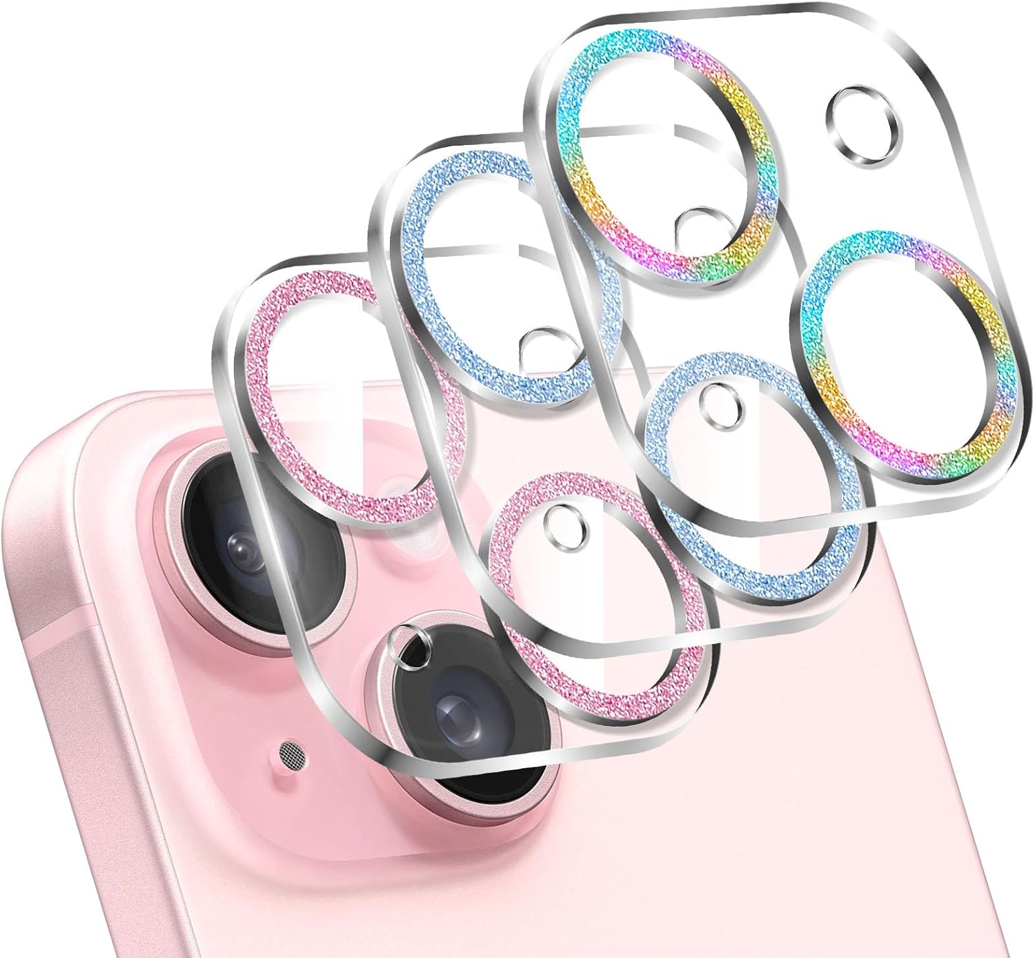 LucBuy 3PCS Sparkling Camera Lens Protector for iPhone 14/iPhone 14 Plus, Full Clear Acrylic Cover with Shiny Colorful Glitter Designed Decoration Back Camera Protector