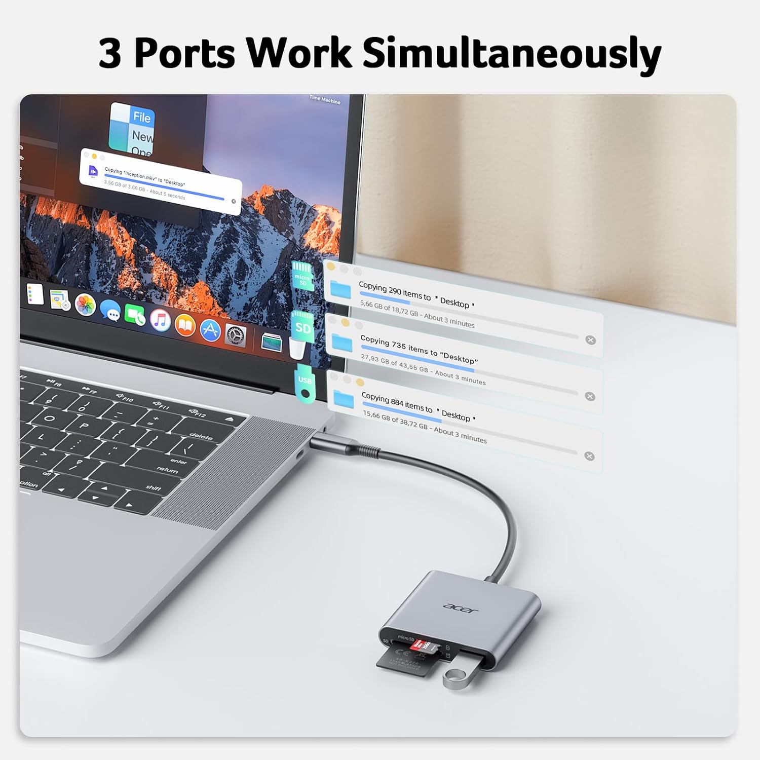 Acer SD Card Reader USB C, 3 in 1 Memory Card Reader with Dual Slots & USB 3.0, Micro SD Card Adapter for iPhone 16/15 Compatible with Camera, Android, MacBook Pro/Air, Laptop