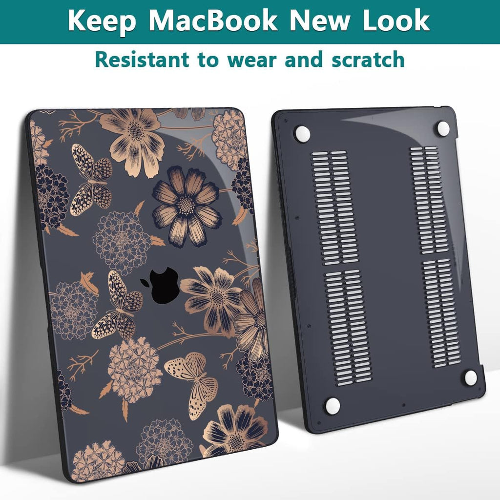 Teryeefi for M1 M2 MacBook Pro 13 inch Case 2022 2020-2016 Release (Model A2338 A2289 A2251 with Touch Bar), Plastic Hard Shell Case & Keyboard Cover & Screen Protector, Gold Flowers