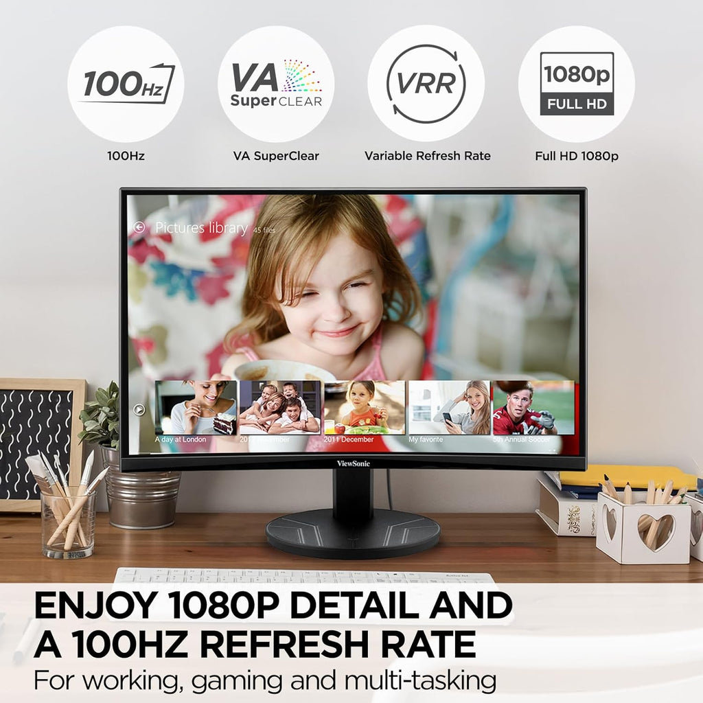 ViewSonic VA2416C 24 Inch Full HD 1080p Frameless Curved Monitor with Variable Refresh Rate, Eye Care, HDMI, and DisplayPort Inputs for Home and Office