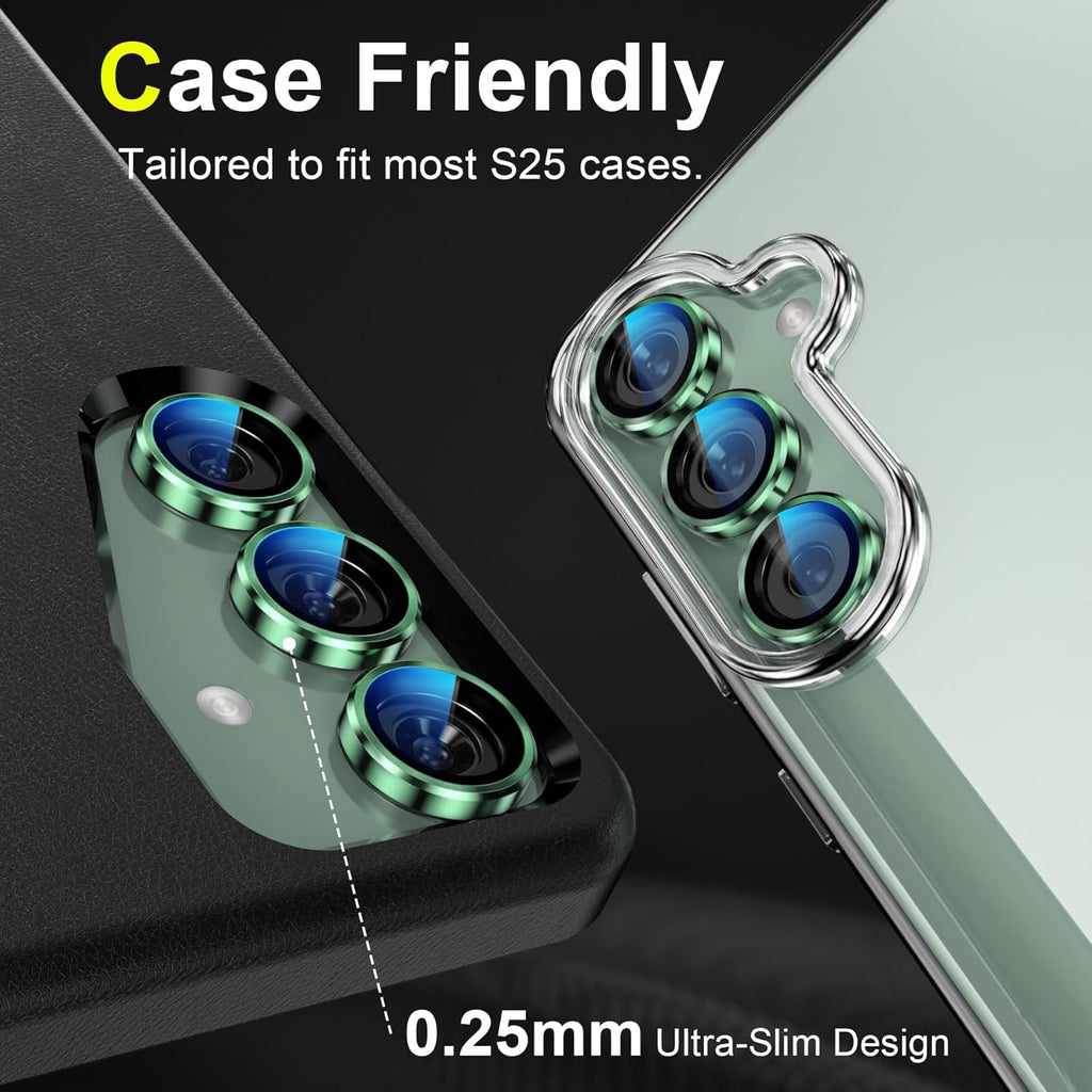 YWXTW Camera Lens Protector for Samsung Galaxy S25 Accessories [1:1 Fit & Ultra Clarity] 9H Tempered Glass Metal Individual Ring Camera Cover Screen Protector for S25, Case Friendly (Green)