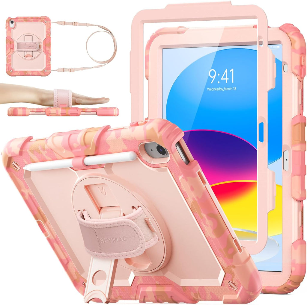 SEYMAC stock Case for iPad (A16) 11th/10th Generation 11''/10.9'' 2025/2022, Full-Body Drop Protection Case with Screen Protector &360° Rotate Hand Strap/Stand, Camo Pink