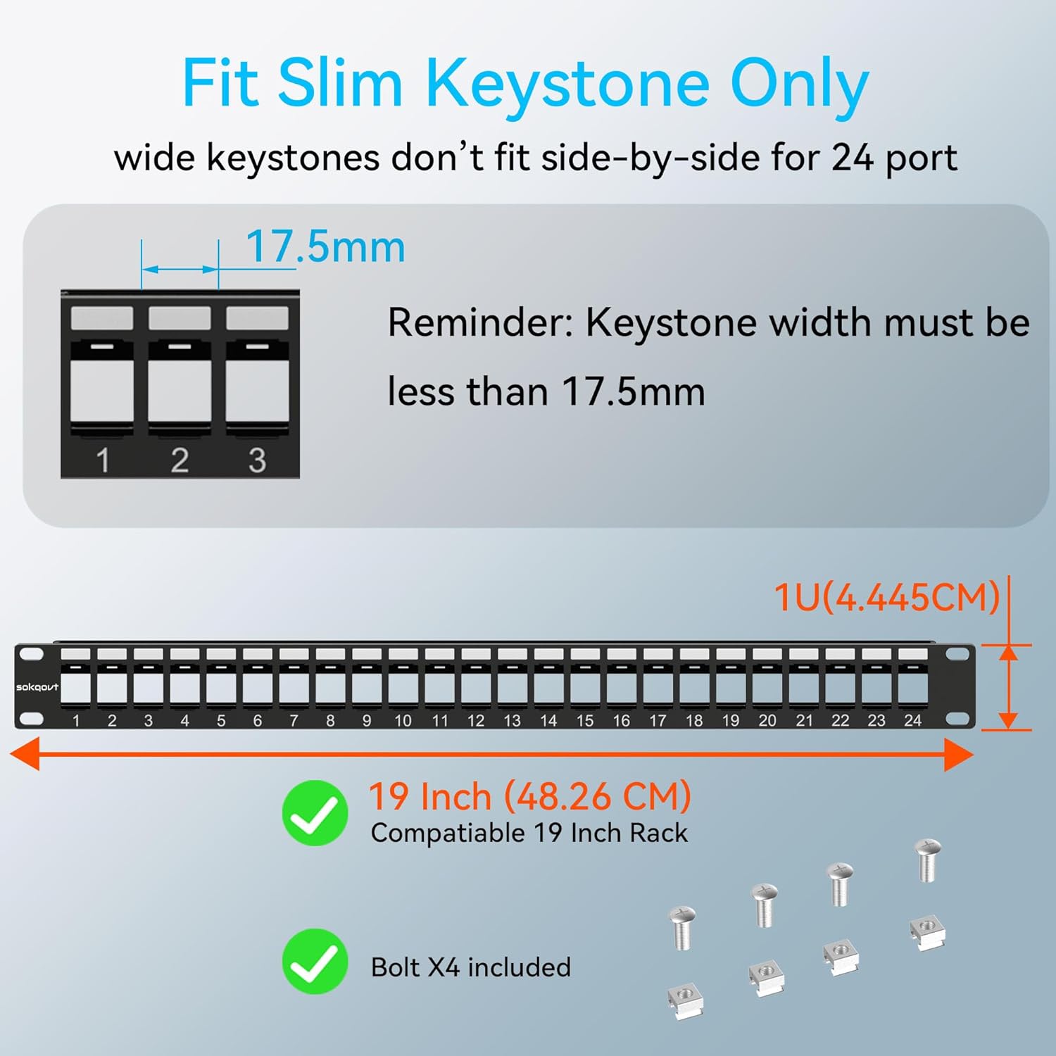 24 Port Blank Keystone Patch Panel with Snap-in Design (2 Pack), Cat6 Network Patch Panel 1U 19 inch, Rack Mount Ethernet Patch Panel (for Slim Keystone Only)