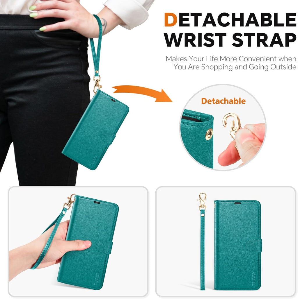 TUCCH Case Wallet for Galaxy S25 Ultra, Detachable [Wireless Charging] RFID Blocking 4 Card Holder, Wrist Strap Removable Stand PU Leather Flip Shockproof Phone Cover for Galaxy S25 Ultra 6.9", Cyan