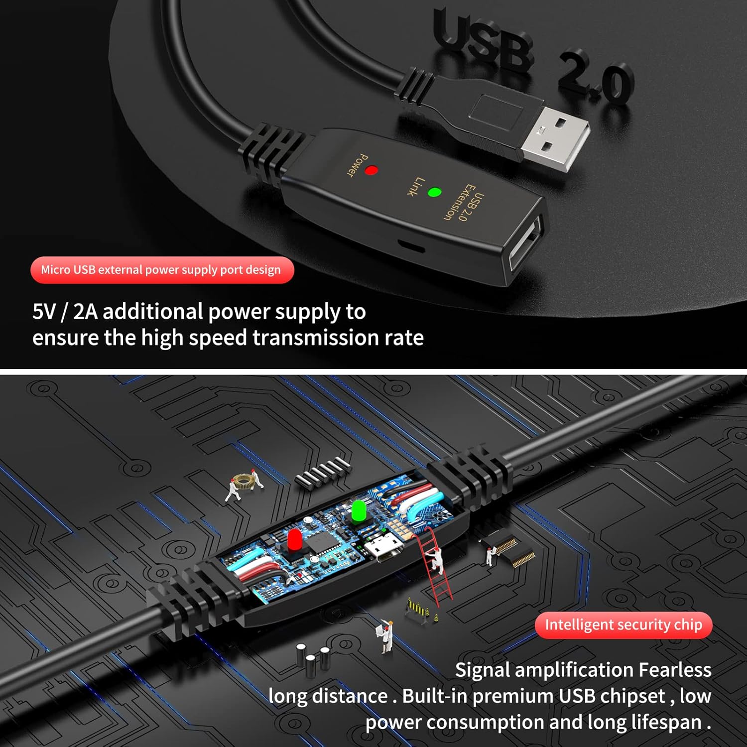 LDKCOK 60FT Active USB Extension Cable 2.0 Male to Female with A Extension chipset Signal Booster - Active Extension/Repeate