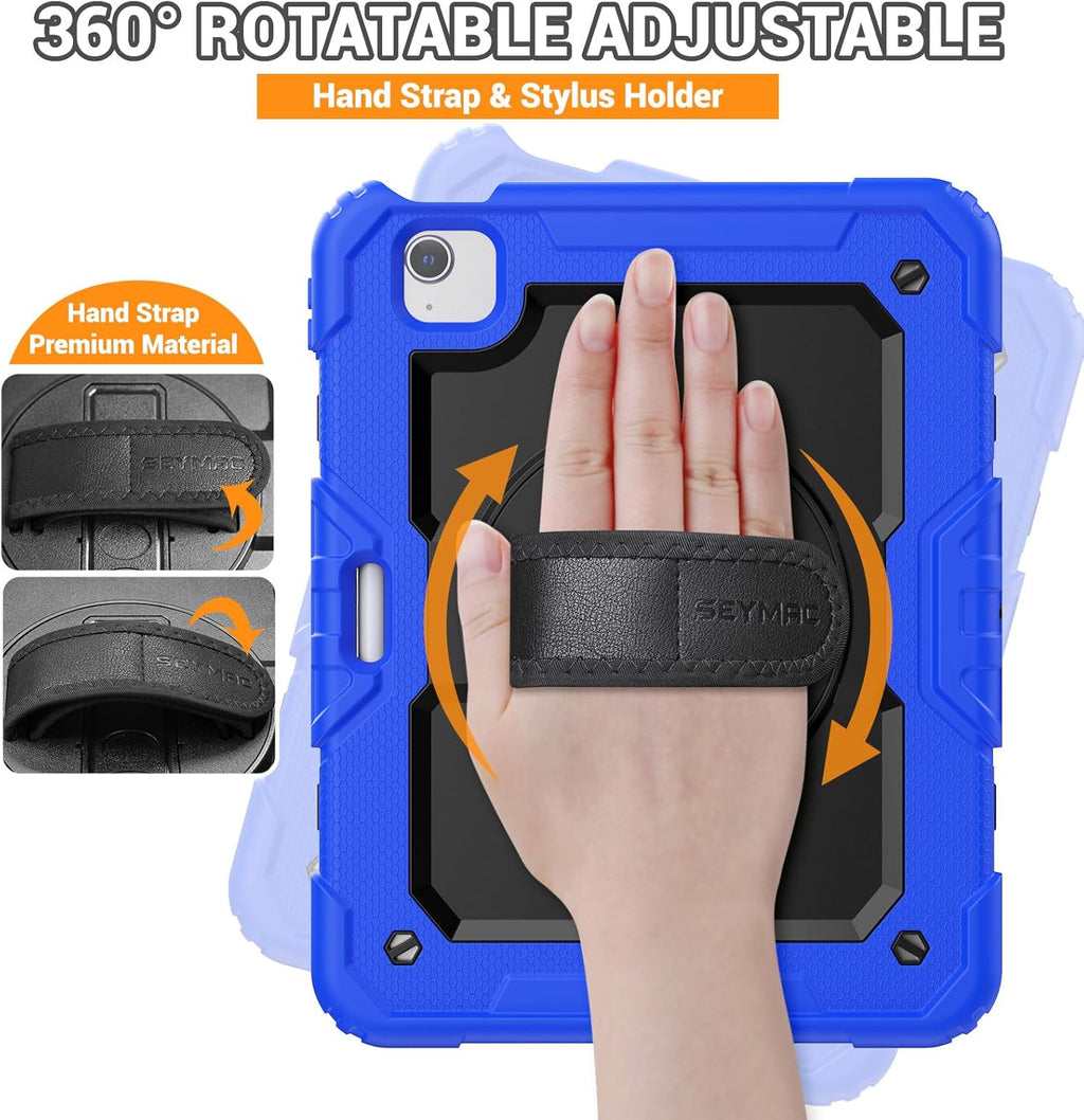 SEYMAC for iPad Air 5th/ 4th Generation Case 10.9 Inch, Full-Body Shockproof Protective Case with Screen Protector, Rotating Stand/Handle/Shoulder Strap/Pencil Holder for iPad Air 5/ Air 4, Blue