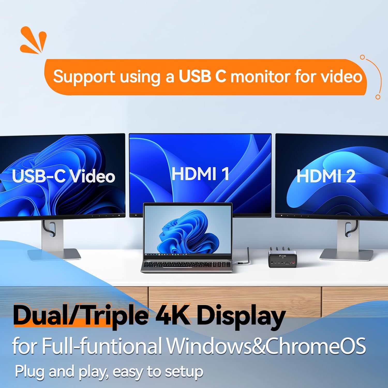 TobenONE Docking Station 3 Monitors, Triple Monitor Docking Station with Single 8K USB-C Video, Dual 4K HDMI, 10Gbps USB A/C, PD 3.0, 100W Power Supply, USB C Dock for Windows/ChromeOS, Dell, HP, ASUS