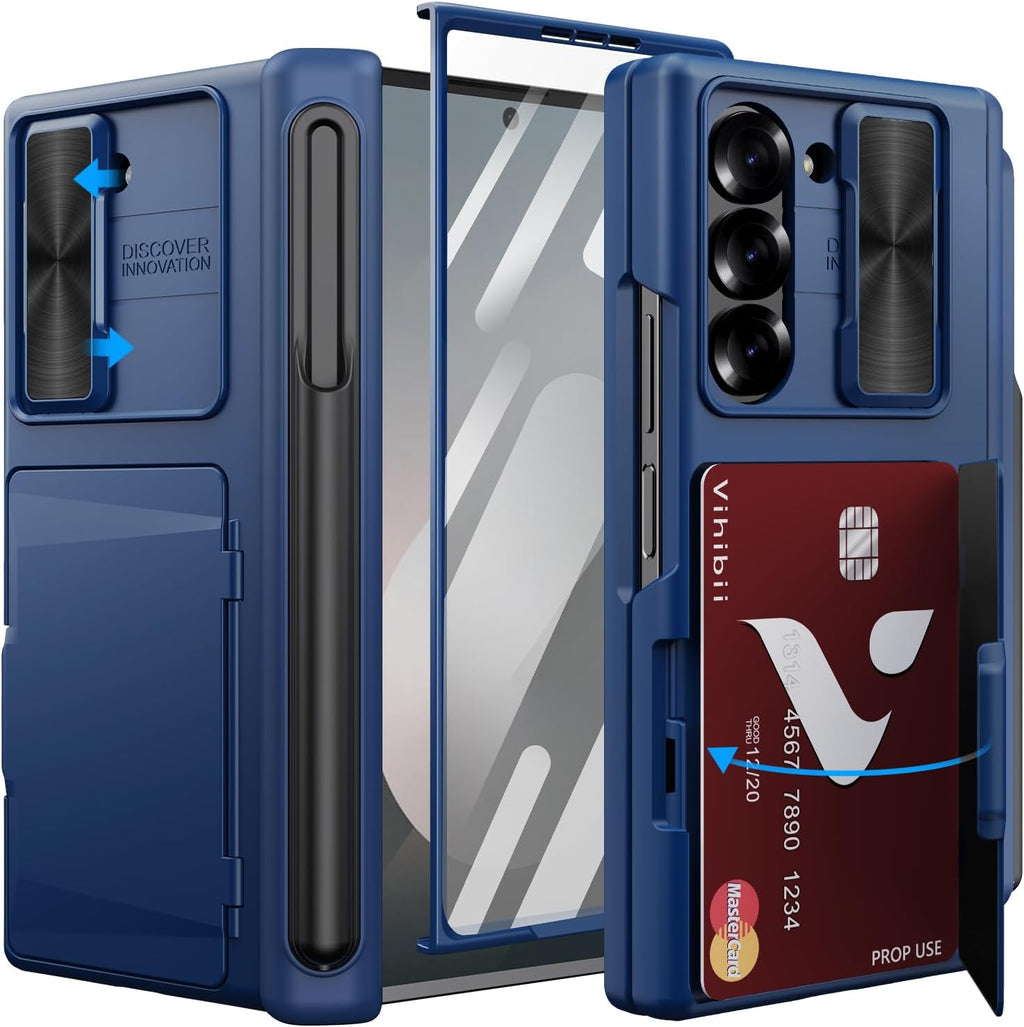 Vihibii for Samsung Galaxy Z Fold 6 Case Wallet with S Pen Holder & Card Holder & Slide Lens Cover & Screen Protector & Hinge Protection, Durable Rugged Protective Phone Case for Galaxy Z Fold6, Blue