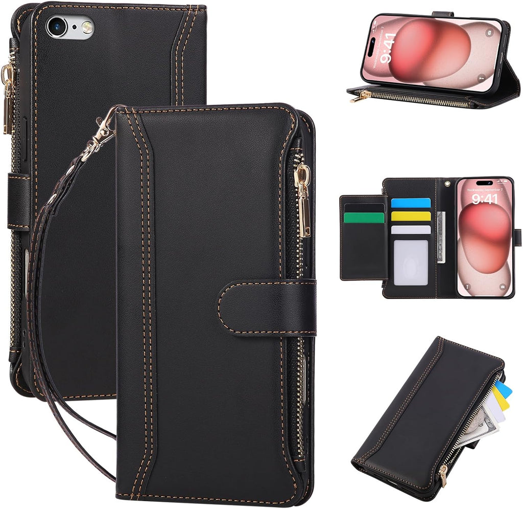 Compatible with iPhone 7/8/SE 2020/SE 2022 Wallet Case PU Leather Shockproof Protective Cover with Credit Card Slots, Zipper Pocket Detachable Wrist Strap,Unisex Design for Men/Women-Black