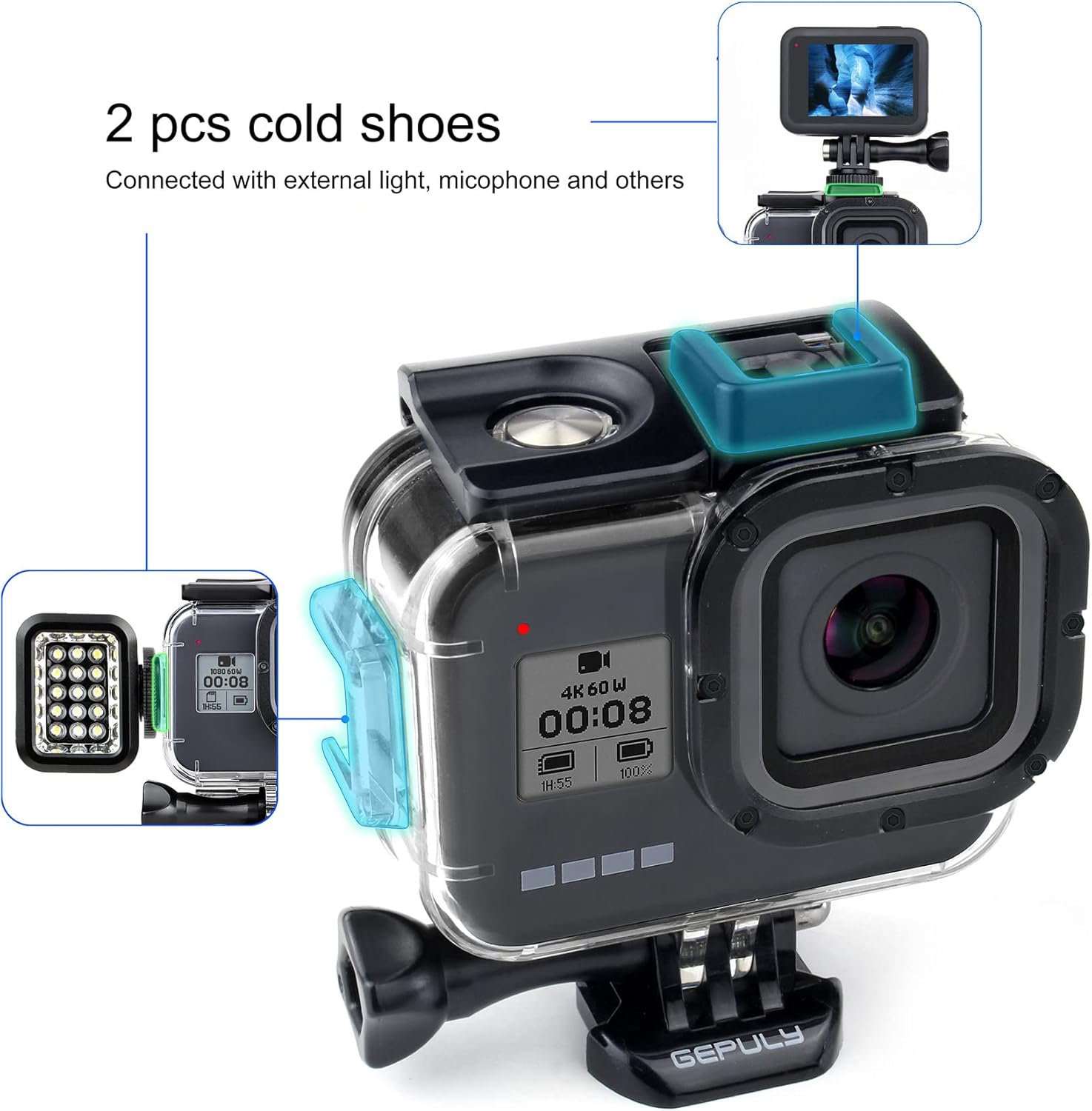 Waterproof Case for GoPro Hero 8 Black with 4-Pack Dive Filter, 60M Underwater Diving Housing Case with Red, Light Red, Magenta, Close-up Filters for GoPro Hero 8 Black Camera