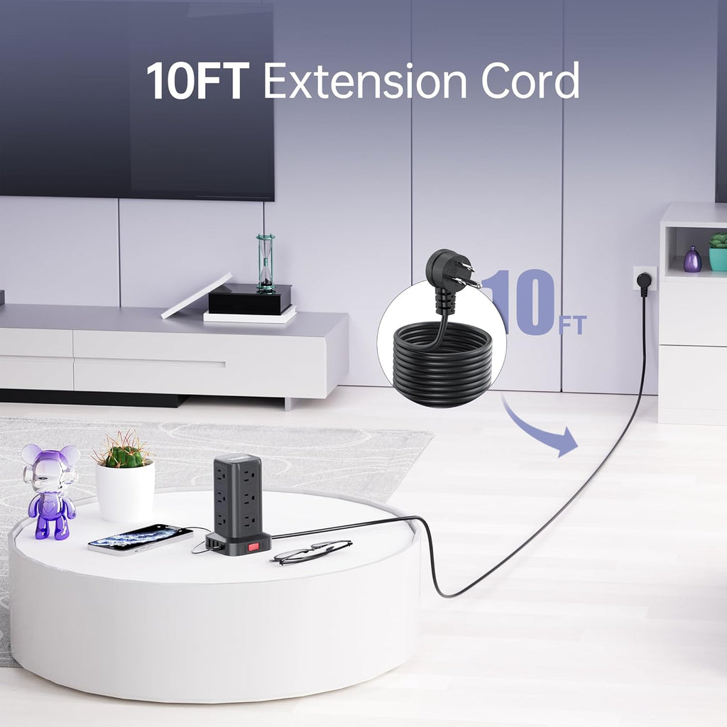 Surge Protector Power Strip Tower,10FT Extension Cord with Multiple Outlets, 12 AC 4 USB (1 USB C)，Mini Power Strip with USB Ports, Surge Protector Tower Overload Protection for Office, Desk