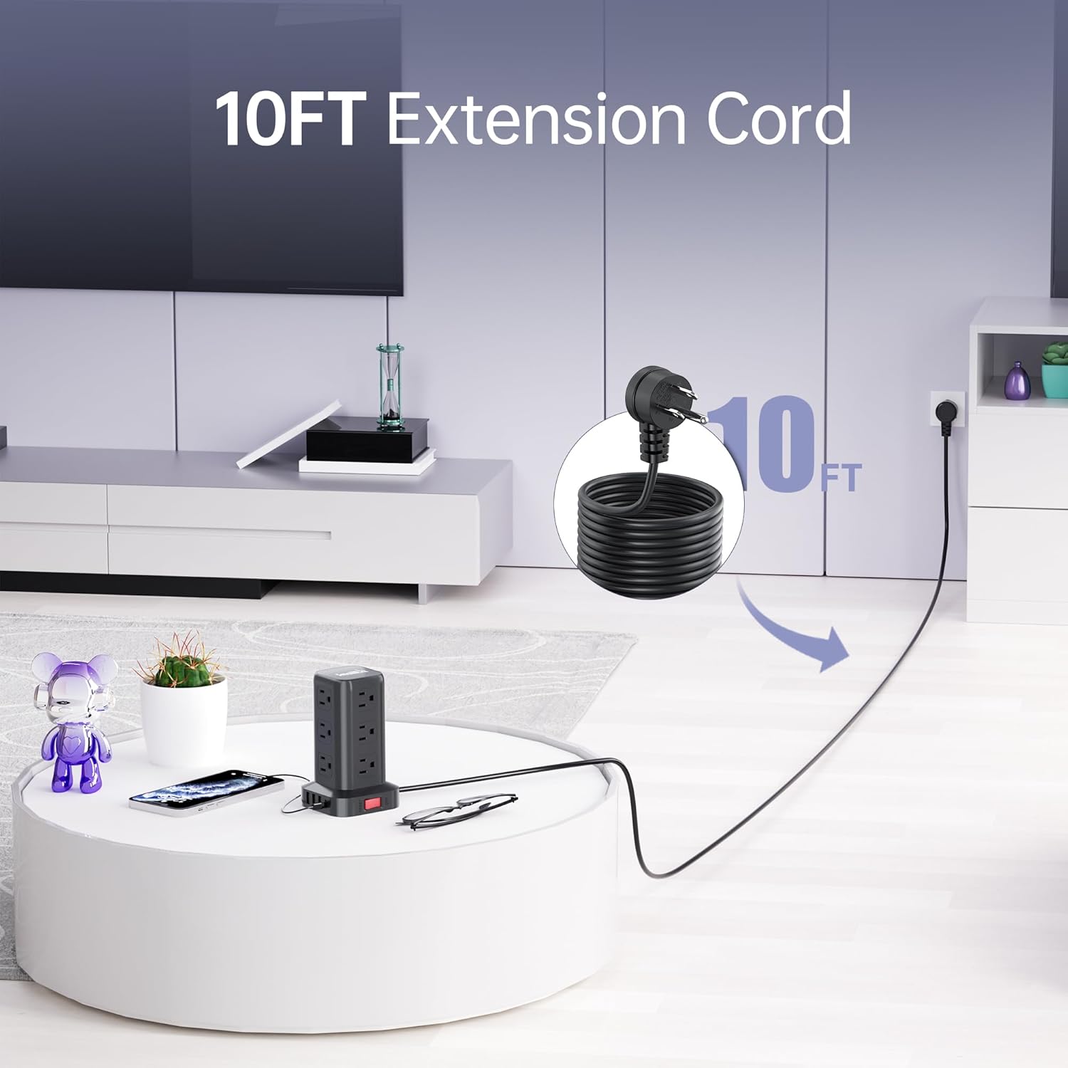 Surge Protector Power Strip Tower,10FT Extension Cord with Multiple Outlets, 12 AC 4 USB (1 USB C)，Mini Power Strip with USB Ports, Surge Protector Tower Overload Protection for Office, Desk