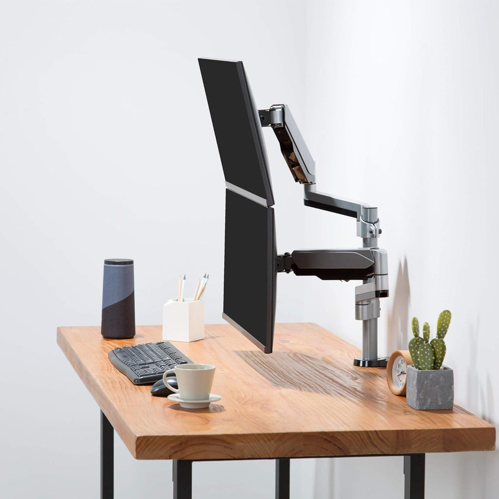 AVLT Dual 13"-27" Stacked Monitor Arm Desk Mount - Fits Two Flat/Curved Monitors, Full Motion Height Swivel Tilt Rotation Adjustable - VESA/C-Clamp/Grommet/Cable Management