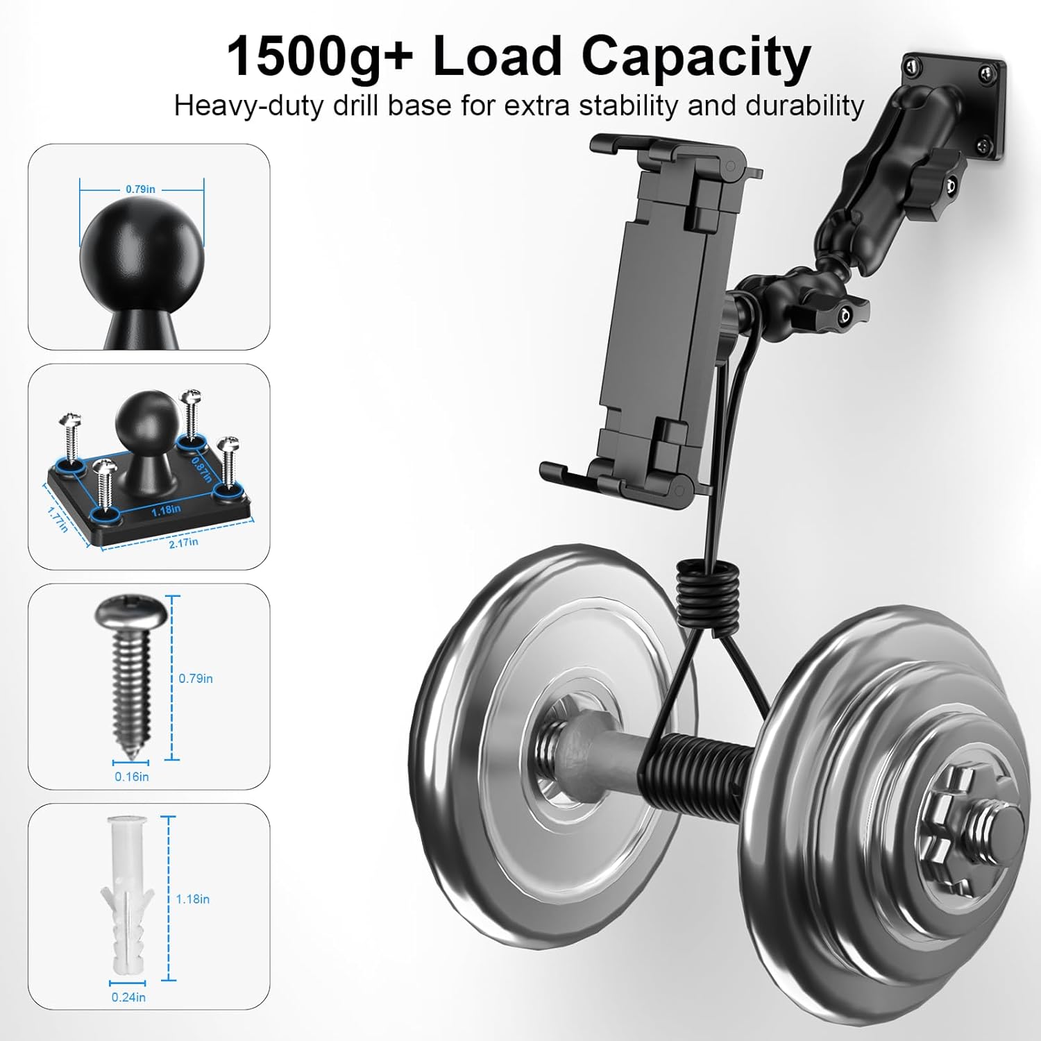 PLDHPRO Tablet Mount for Truck, Heavy Duty Drill Base Tablet Holder for Car Dashboard, Adjustable 2-Stage Stand Compatible with iPad, Galaxy Tab/Z Fold, 5.1-15.6'' Phone Tab for Wall, Vehicle, Boat