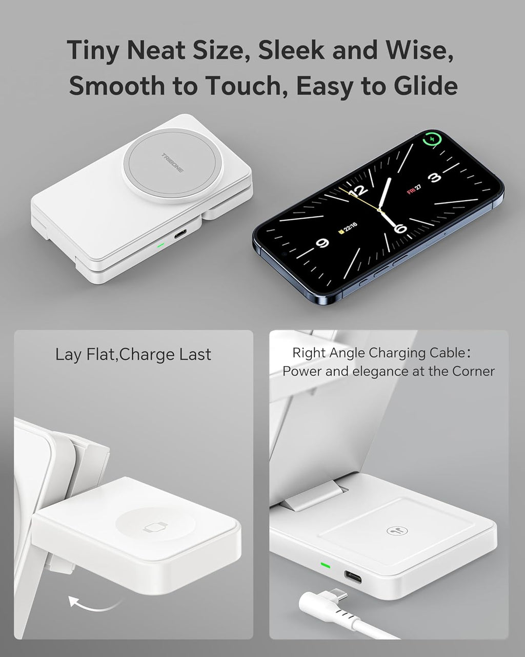 3 in 1 Charging Station for iPhone 16/15/14/13/12 Series, Wireless Charger for Apple Watch，Travel Magnetic Charging Stand for AirPods (White Grey)
