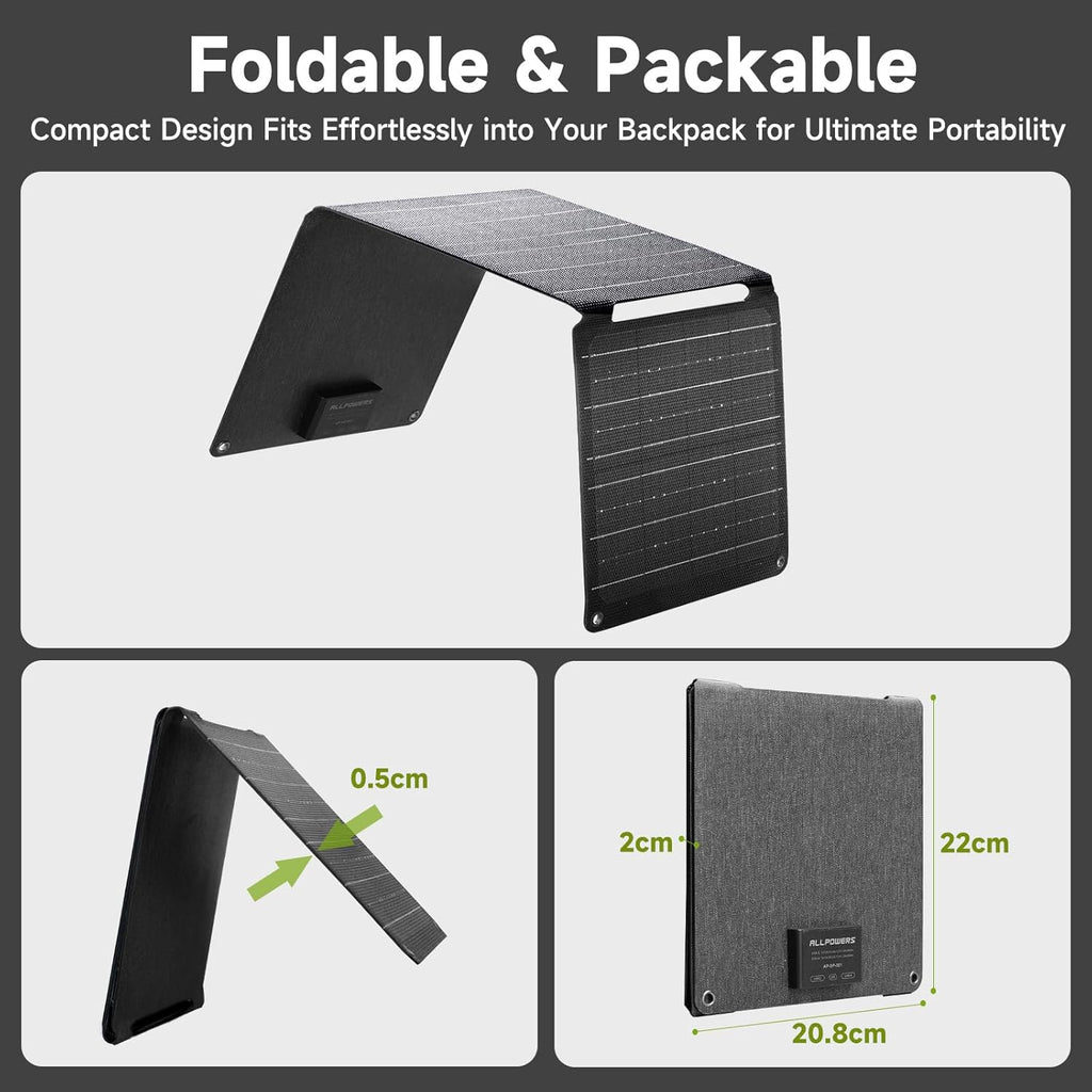 ALLPOWERS 21W 5V Foldable Solar Panel Charger, SP001 Solar Charging Kit with 5V USB-A and USB-C Charging, IP67 Waterproof Portable Solar Panel for Smartphone, Tablets, Outdoor, Camping, Hiking