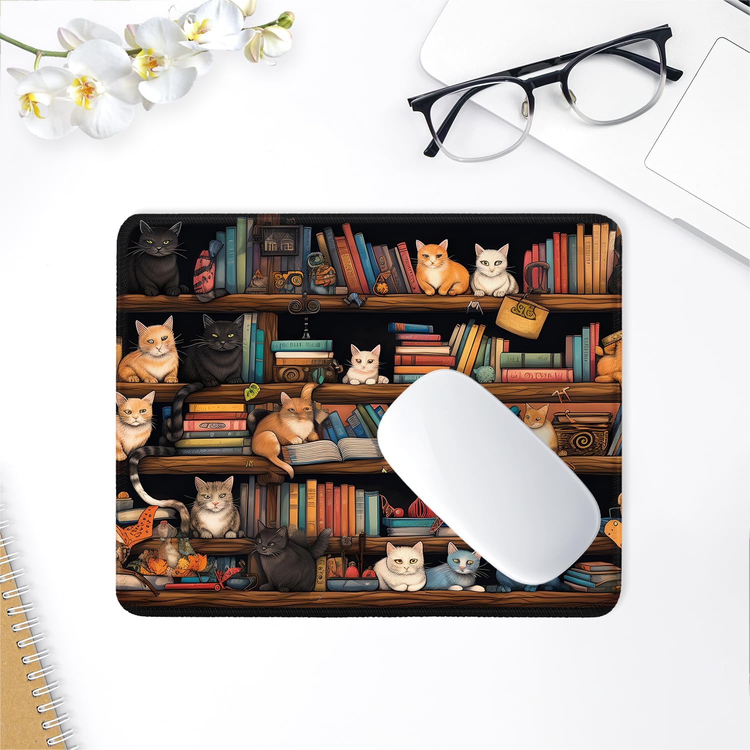 ITNRSIIET Mouse Pad with Stitched Edge Premium Textured Smooth Precise Operation Waterproof Washable Non-Slip Rubber Base Desktop Protection Mat, 10.2×8.3×0.12 inches, Cat on The Desk