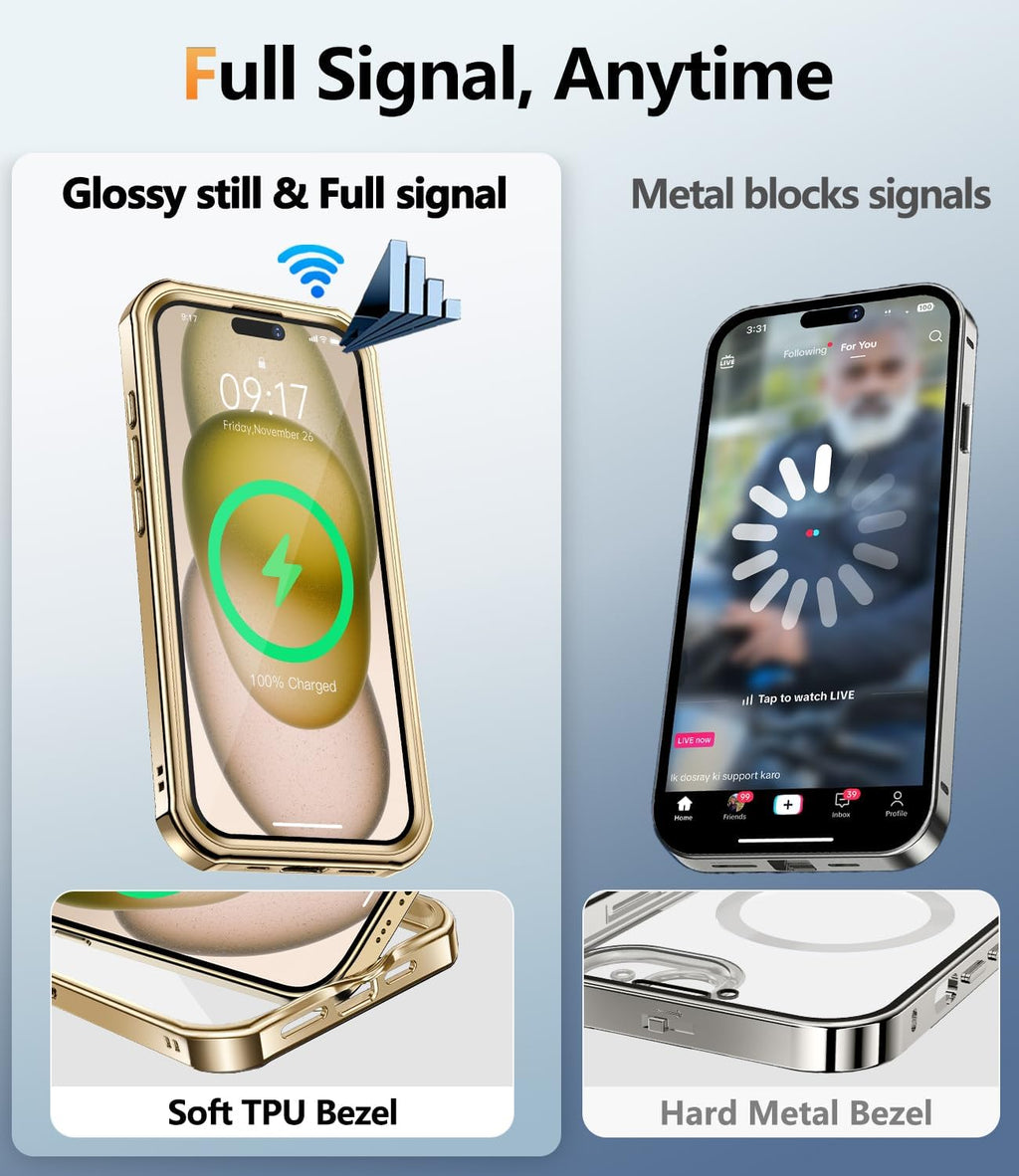 [360° Rotatable CD Stand & Built-in Privacy Screen Magnetic Case for iPhone 15 [Compatible with MagSafe & Full Signal] Mil-Grade Shockproof Full Body Anti-Spy Cover for 15-Gold