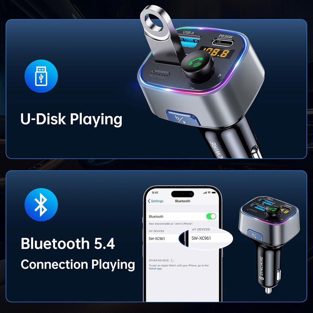 Syncwire Bluetooth 5.4 FM Transmitter Car Adapter 48W (PD 36W & 12W) [Light Switch] [Hi-Fi Deep Bass] [Fast Charge] Wireless Radio Music Adapter LED Display Hands-Free Calling Support USB Drive