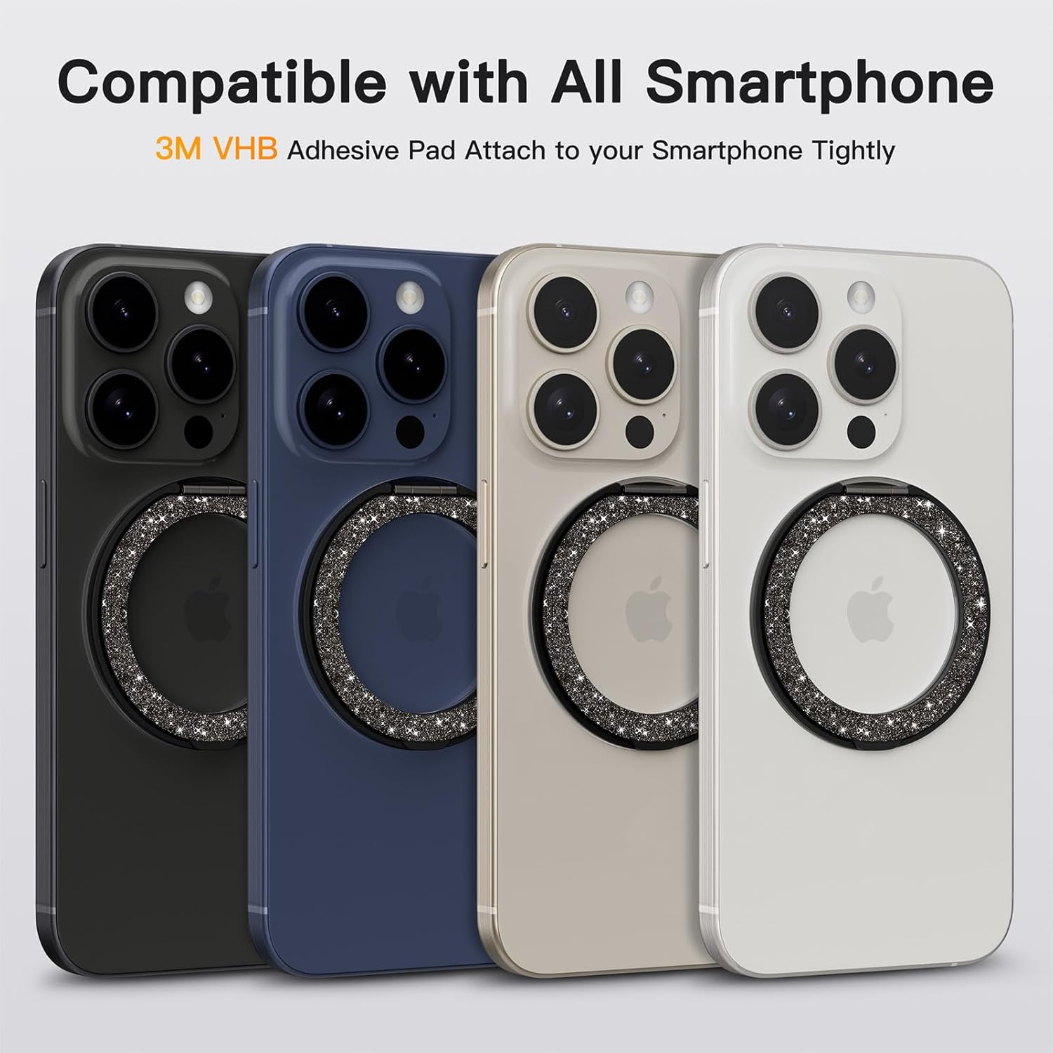 COOLQO 2Pcs 360 Spin Cell Grip Ring Phone Stand [Upgrade Gear Hinge Stress Relief] Magnetic Holders for Your car Accessories Desk Mount Compatible with iPhone All Smartphone, Glitter Black