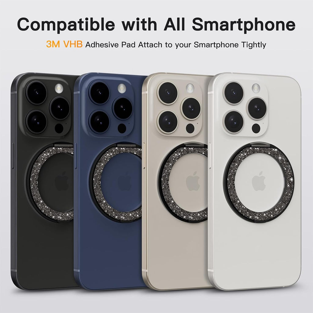 COOLQO 1Pc 360 Spin Cell Grip Ring Phone Stand [Upgrade Gear Hinge Stress Relief] Magnetic Holders for Your car Accessories Desk Mount Compatible with iPhone All Smartphone, Glitter Black