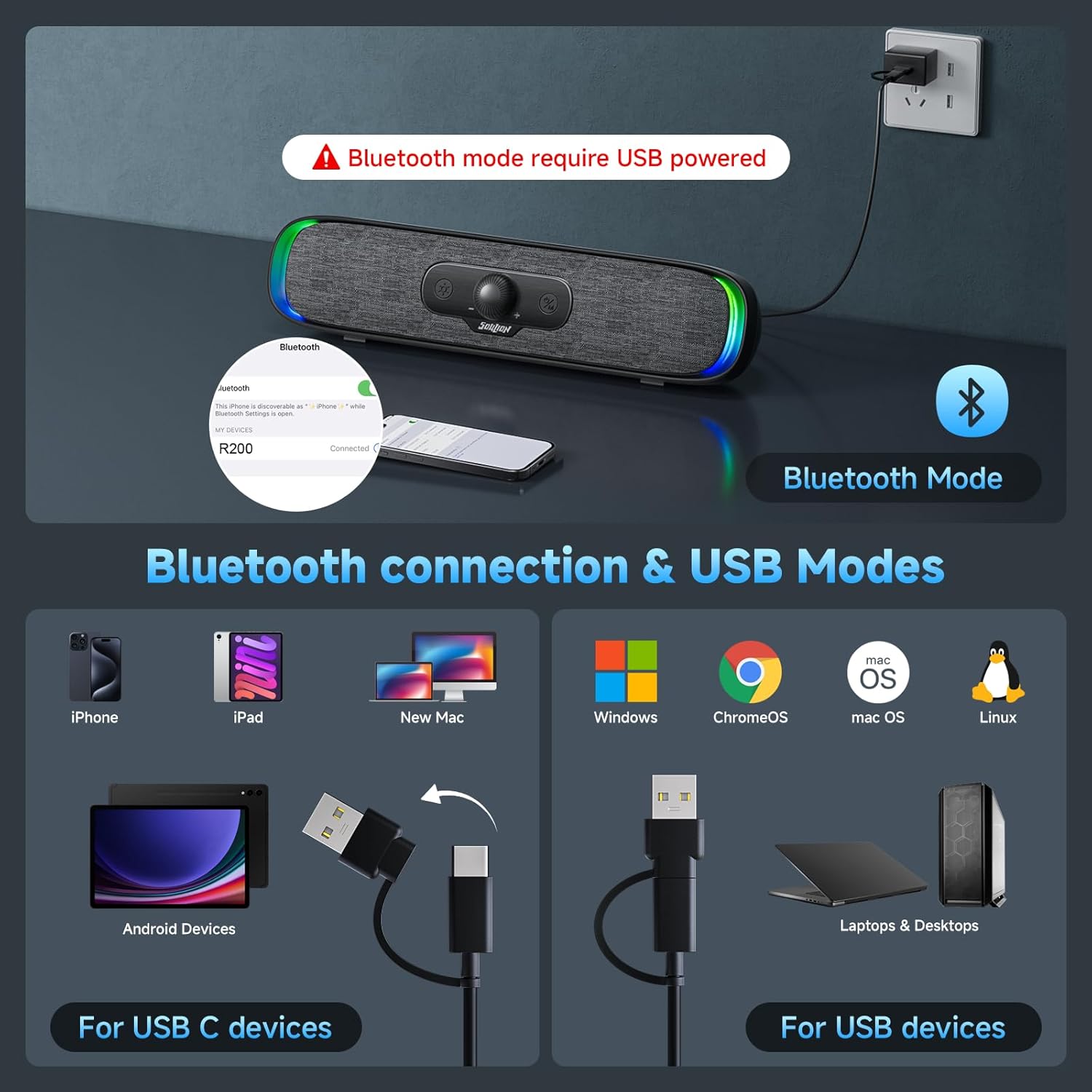 SOULION R200 Bluetooth Computer Speakers, Compact PC Speakers, USB C/USB Plug & Play Desktop Speaker with Colorful LED Lights, Clear Sound PC Soundbar for Computer Desktop Laptop Monitor