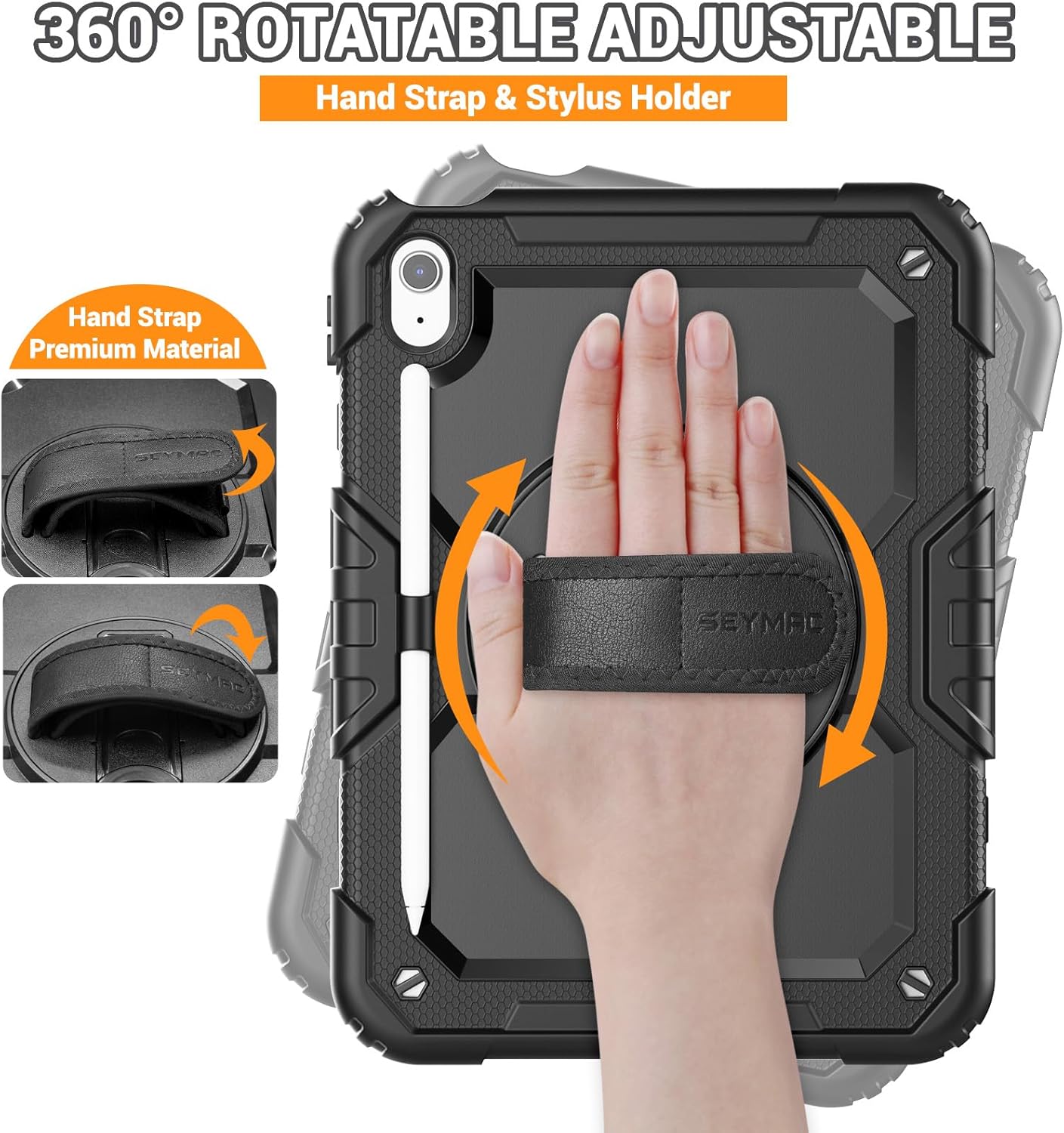 SEYMAC for iPad (A16) 11th/10th Generation Case 2025/2022 (11″/10.9″), Sturdy Heavy Duty Full-Body Shockproof Protective Case with Screen Protector, Rotating Stand, Hand/Shoulder Strap, Black
