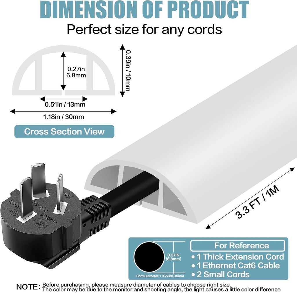 Floor Cord Cover Self Adhesive Cord Hider,3.3FT Cable Management, Extension Strip Protector for Wires, Prevent Cable Trips for Offices, Gyms, Exhibitions Cavity:0.39"(W) x 0.27"(H) White