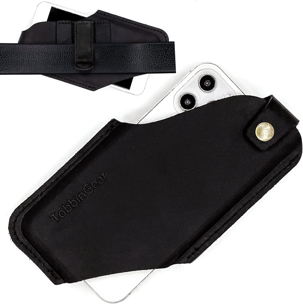 TobbinGear Leather Cell Phone Holster with Belt Clip, Universal Phone Holster for Men Belt Holder, Leather Case for iPhone, Samsung Galaxy Phones, Right Hand, Medium, Black