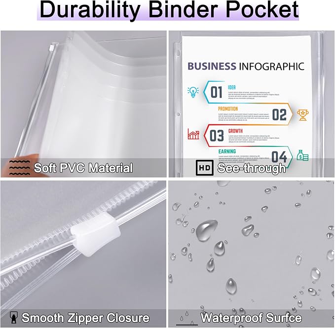Antner 18 Pack Clear Letter Size Binder Pockets 3 Ring Binder Zipper Pouch - Image 3