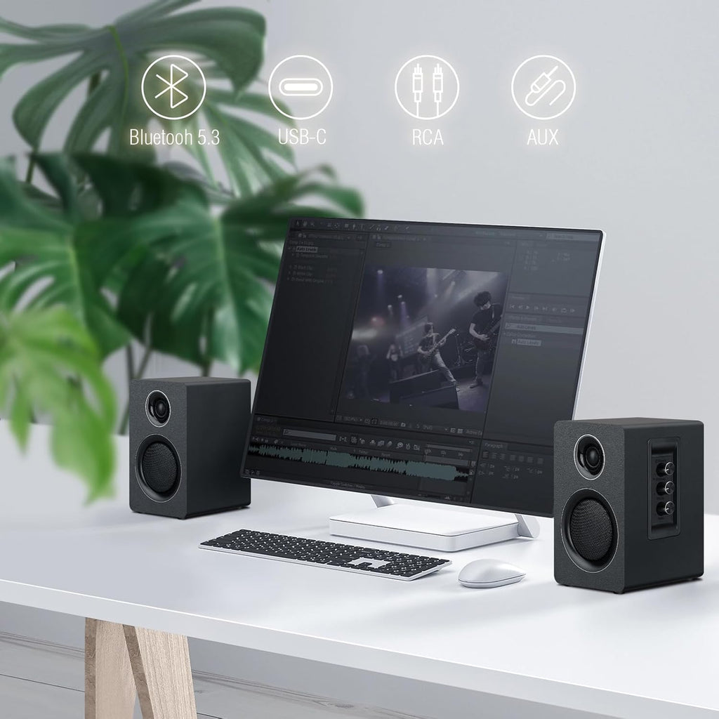 Computer Speakers for Desktop PC, Active Bookshelf Speaker with 3‘’ Carbon Fiber Woofer and Silk Film Tweeter ,Supports Bluetooth 5.3, USB-C, AUX/RCA Input for Record Player TV - Black Stereo Set