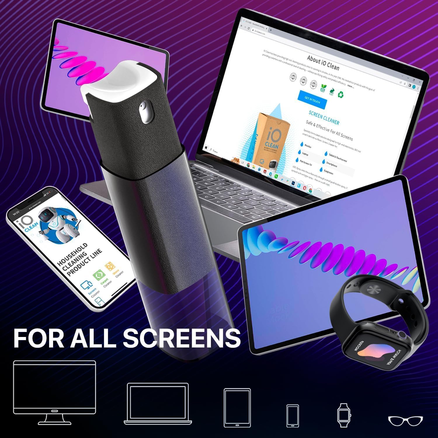 Mini Screen Cleaner Spray – Finger Proof Screen Cleaner for Smartphones, iPads, MacBooks, Laptops, Car Screens, Touchscreens – 3in1 Mist Cleaner, Microfiber Cloth and Cover (Dark Green)