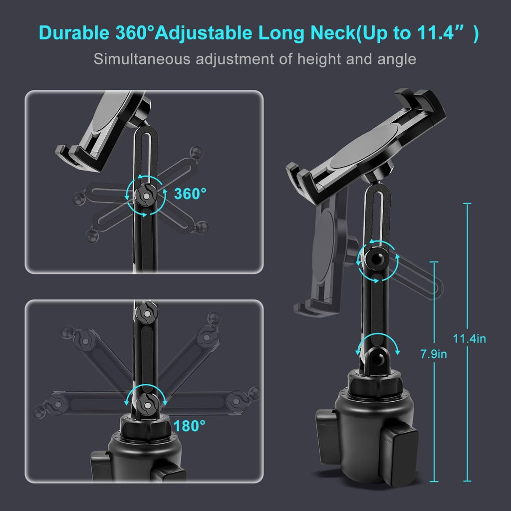 Cup Holder Car Tablet Mount, 360° Adjustable 2-Arm Stand Holder for iPad Pro 12.9/11/10.5/9.7/Air/Mini 6/5/4, Samsung Galaxy Tab/Z Fold 6/5, Amazon Fire HD, iPhone 16/15/14/Pro, 4.7-12.9" Tab & Phone