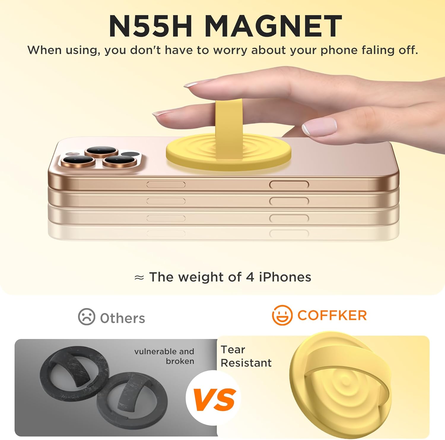Magnetic Phone Ring Grip Holder, Silicone Finger Loop Grip, Compatible with MasSafe, Back of Phone for iPhone Pro Max/Plus/16/15/15/14/13/12 Series, Yellow