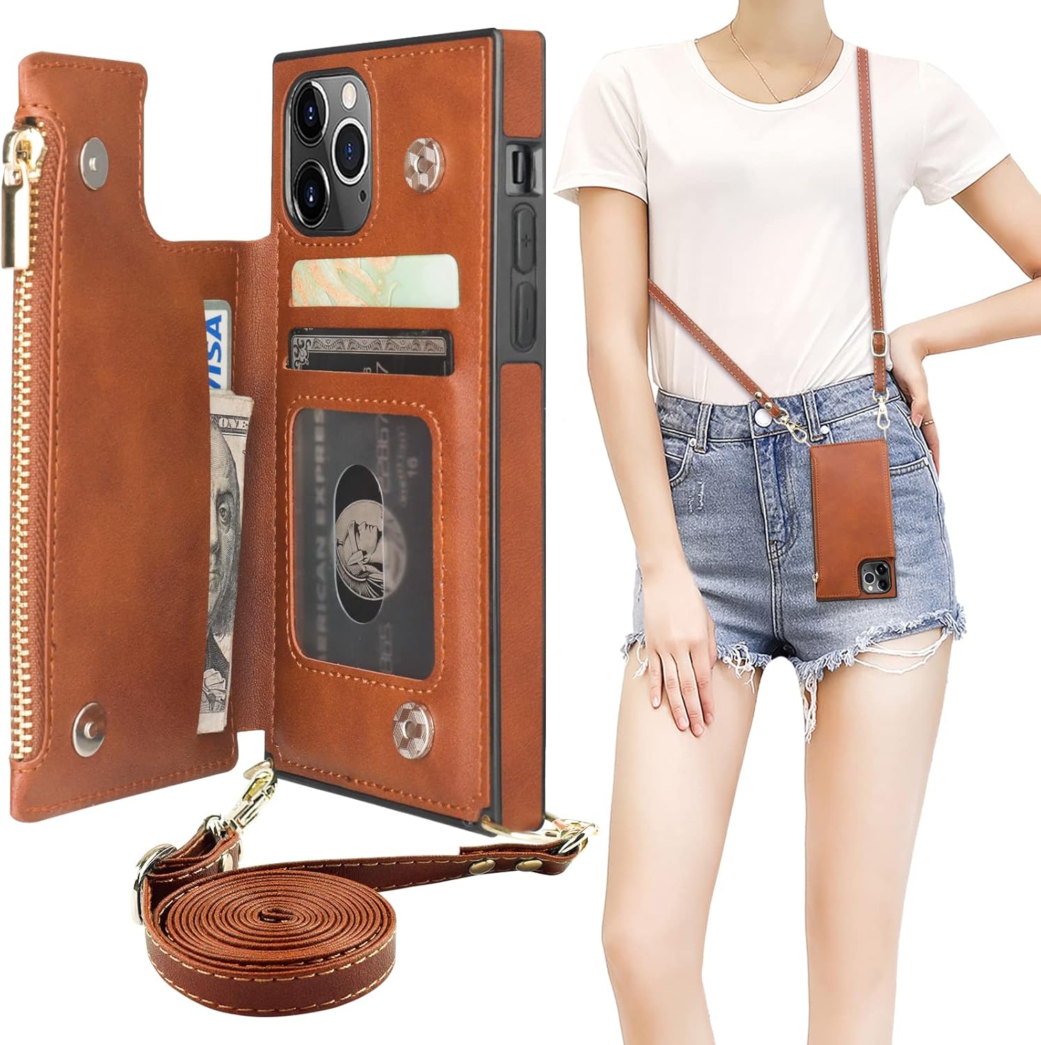 Bocasal Crossbody Wallet Case for iPhone 11 Pro with Card Holder,Zipper Card Slot Protector Shockproof Purse Cover with Removable Cross Body Strap 5.8 Inch(Brown)