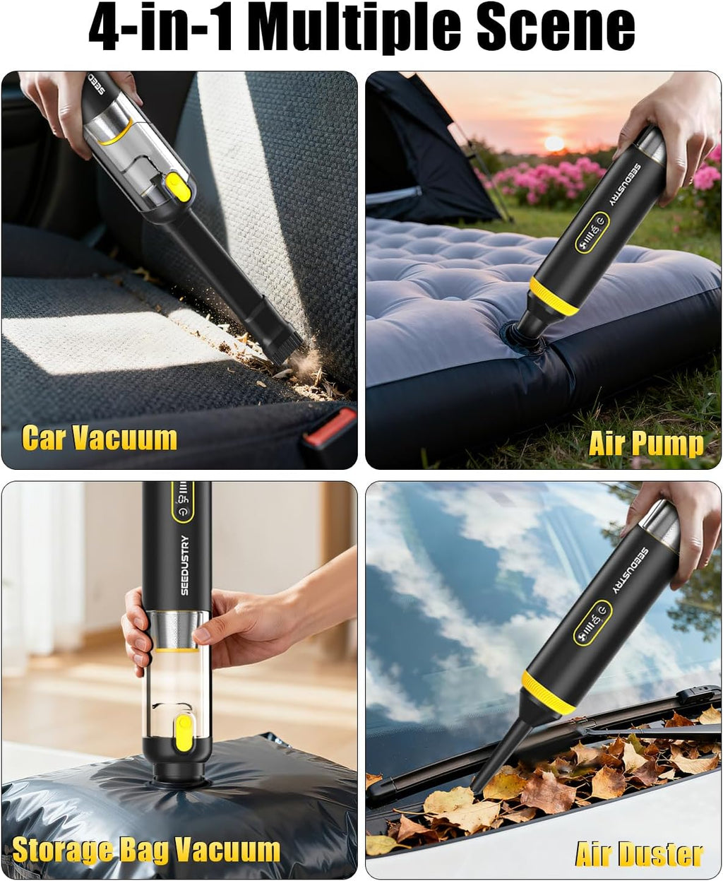 SEEDUSTRY Handheld Vacuum Cleaner Cordless, Mini Car Vacuum/Portable Pet Grooming Vacuum Cleaner, 3 Suction Modes-Up to 18000pa, 6 Blow & Suck & Deflate & Inflate Nozzles for Car, Pet, Office, Home