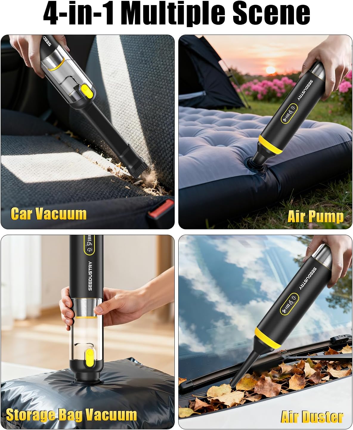 SEEDUSTRY Handheld Vacuum Cleaner Cordless, Mini Car Vacuum/Portable Pet Grooming Vacuum Cleaner, 3 Suction Modes-Up to 18000pa, 6 Blow & Suck & Deflate & Inflate Nozzles for Car, Pet, Office, Home