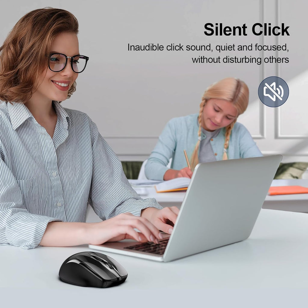 TECKNET Wireless Mouse (2.4G & BT5.0/3.0) Silent 4800 DPI Computer USB A & Bluetooth Mouse 6 Buttons, Wide Compatibility - Black