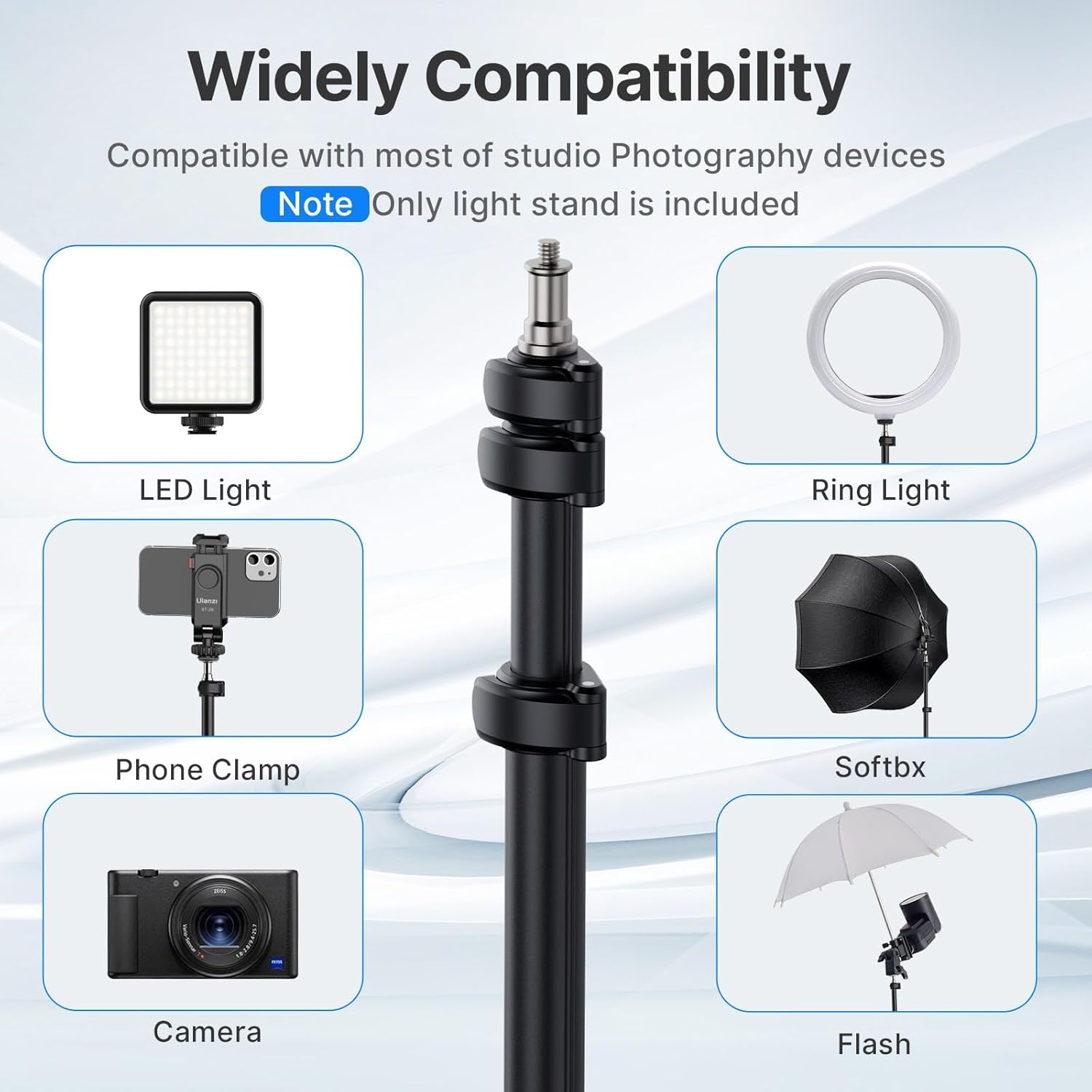 ULANZI Black Aluminum Light Stand, 6.32ft Extendable Tripod for Strobe Lights, Webcams, Cameras & Softboxes