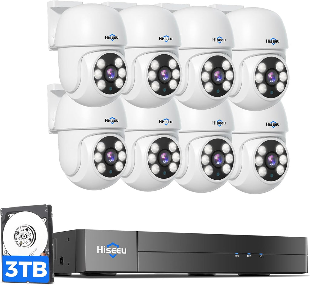 Hiseeu 3K Outdoor Wired Security Camera System with 8CH 5MP DVR,8 x 5MP IP67 PTZ CCTV Cameras,360°Coverage,Smart Dual Light & Audio,Person/Vehicle Detection,3TB HDD,100ft Night Vision,24/7 Recording