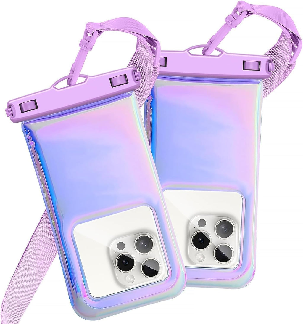 Floatable Waterproof Phone Pouch Case for iPhone 16 Pro Max/15/14/13/12, IP68 Travel Cellphone Dry Bag Beach Cruise Ship Essentials Bags with Crossbody Lanyard, Iridescent Purple-7″2 Pax