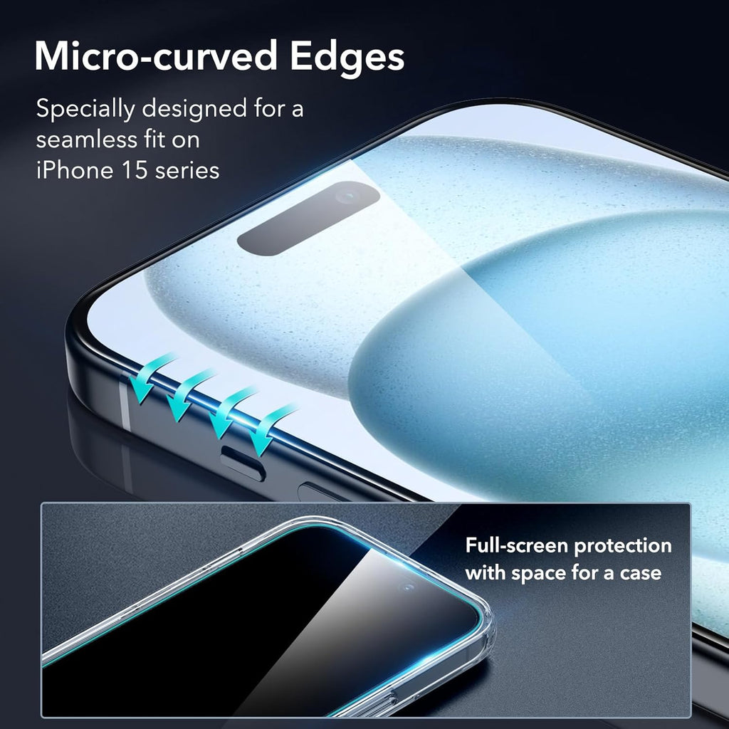 ESR 3+1 Pack for iPhone 15 Plus Screen Protector, 3 Black Edge Tempered-Glass Film and 1 Set Camera Lens Protector, 2.5D Curved Edges, Full-Coverage Military-Grade Protection, Scratch Resistant