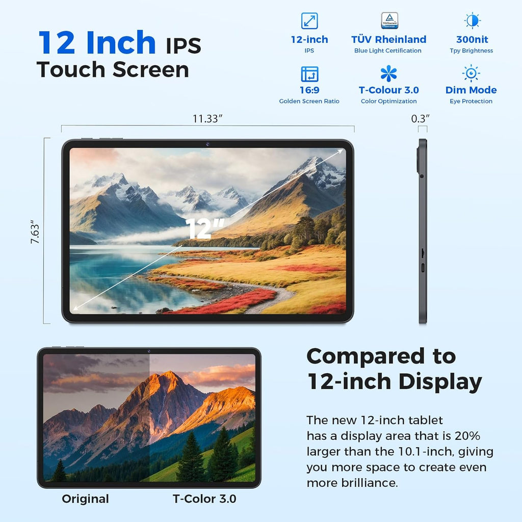 Tablet 12 inch Android 15 Tablets, 24GB（8+16）RAM+256 Storage(Expand to 1TB), Android Tablet with Keyboard, Octa-Core, 2K 2000x1200 Display, 16MP Dual Camera, 8000mAh, 5G WiFi,GPS,Bluetooth 5.0（Silver）