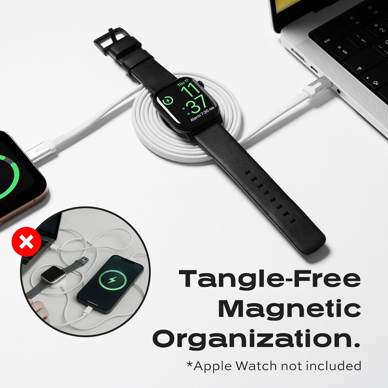 Statik MagStack Duo 2 in 1 USB C to USB C Cable Charging Station for SmartWatch & Phone, Magnetic Type C Charger Fast Charging Cord, Compatible w/Apple Watch & iPhone 15/16, Galaxy S21, 3FT