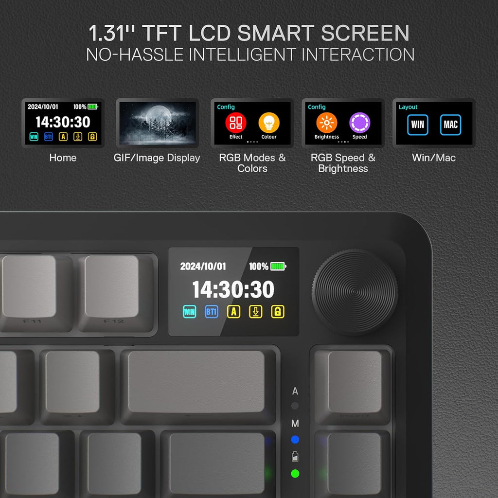 Redragon K724 PRO Wireless Gasket Gaming Keyboard w/Hype 1.14’’ TFT Screen & Knob, 81-Key 75% Mechanical Keyboard, 5-Layer Noise Dampening, Hot-Swap South-Facing RGB Socket, Gradient PBT Keycaps