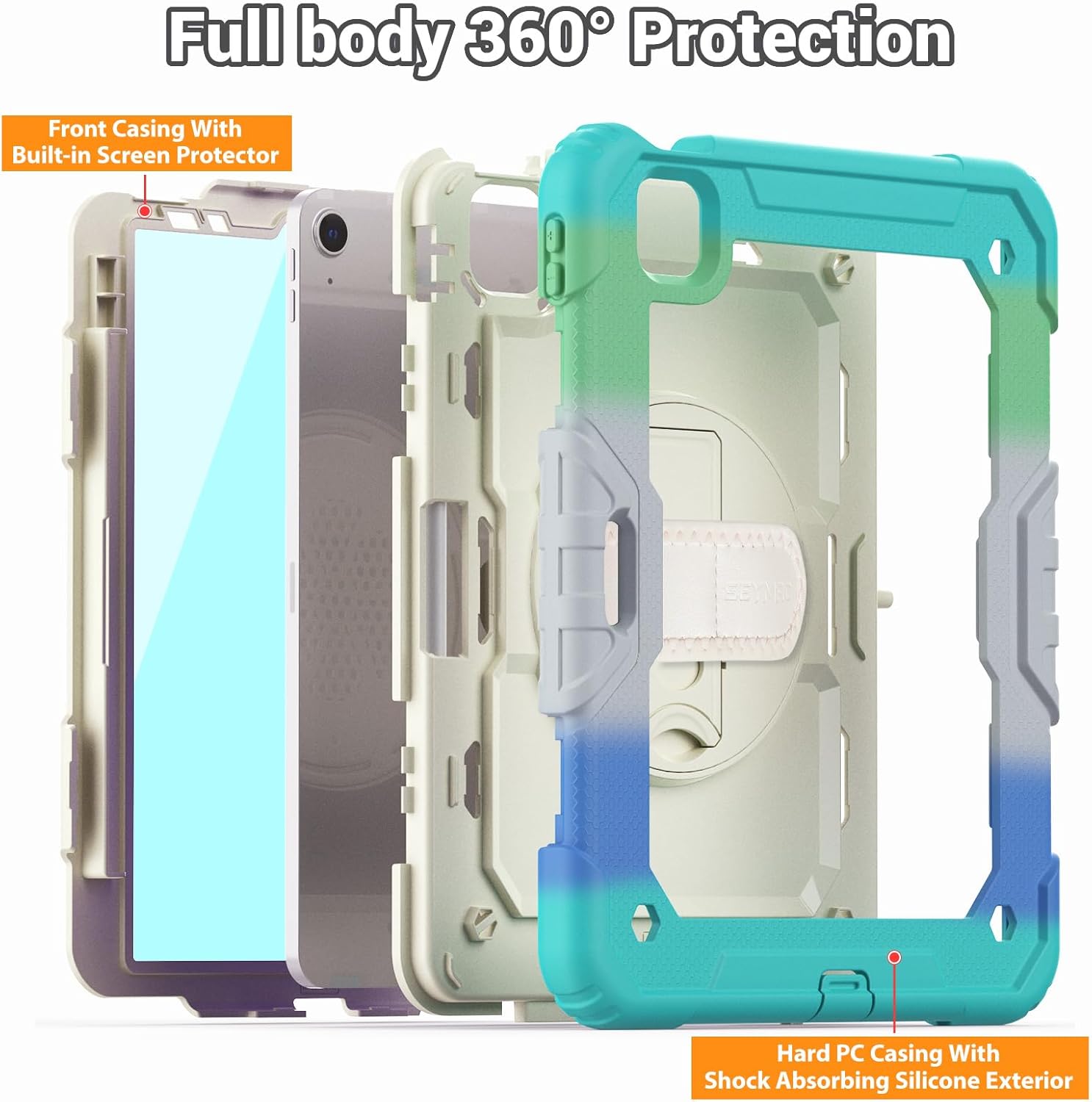 SEYMAC for iPad Air 5th/ 4th Generation Case 10.9", Full-Body Shockproof Protective Case with Screen Protector, Rotating Stand/Handle/Shoulder Strap/Pencil Holder for iPad Air 5/ Air 4, Colorful/Blue
