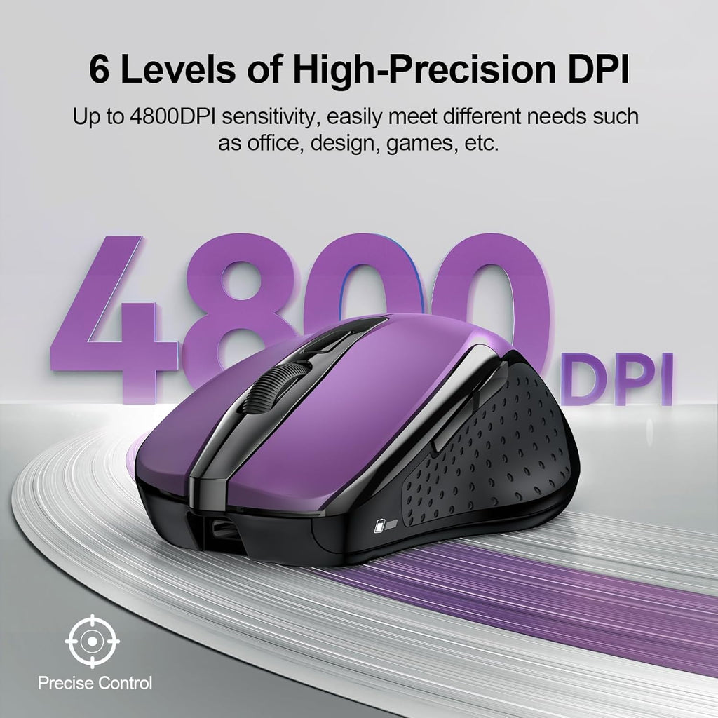 TECKNET Rechargeable Wireless Mouse,USB-A Silent Mouse, Quiet Click, 6 Adjustable 4800 DPI, Cordless Computer Mouse, Ergonomic Mouse for Laptop, 6 Buttons 2.4G Mouse for Chromebook, Ergo Grip - Purple