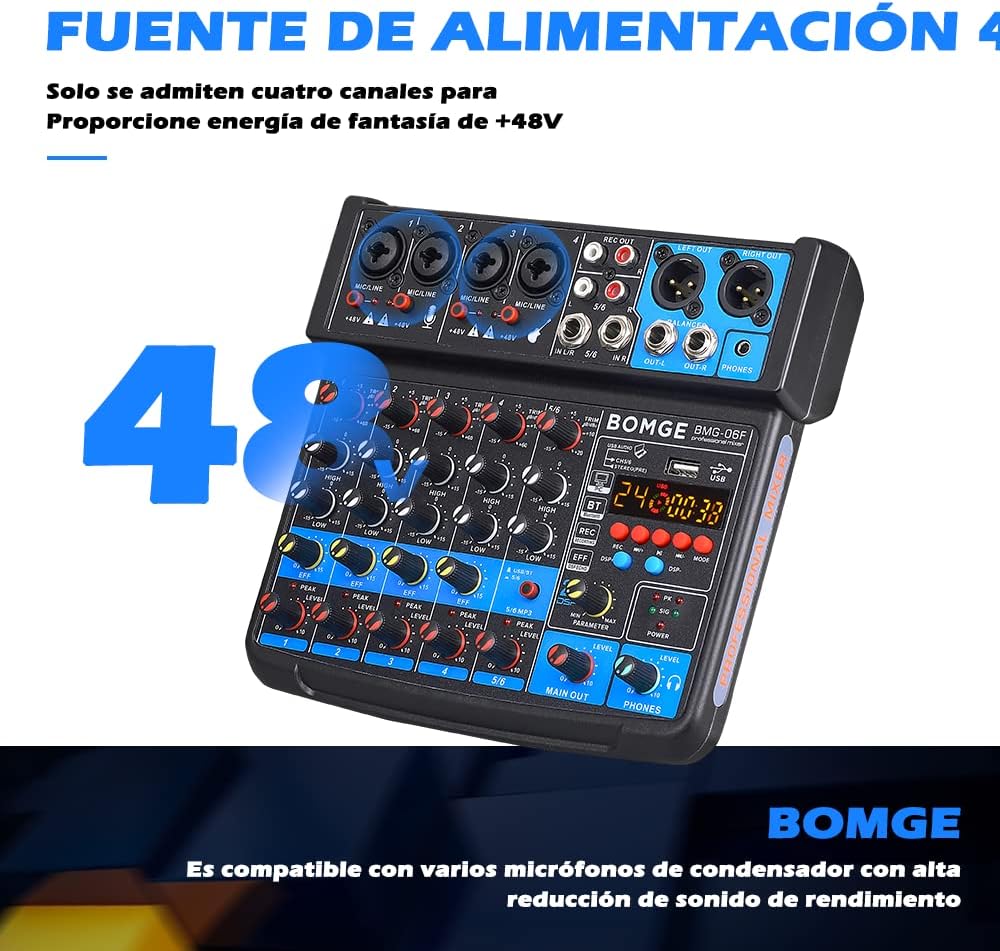 BOMGE 6 Channel mini DJ Audio sound mixer console with USB interface, Bluetooth, Stereo Recording, 48V Phantom Power, 24 DSP effects for karaoke, singing, live，streaming，pc recroding. (black)