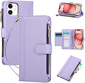 Compatible with iPhone 12/12 Pro Wallet Phone Case-PU Leather Magnetic Flip Cover with Credit Card Slots,Zipper Pocket & Detachable Wrist Strap,Shockproof Design,for Women and Men-Purple
