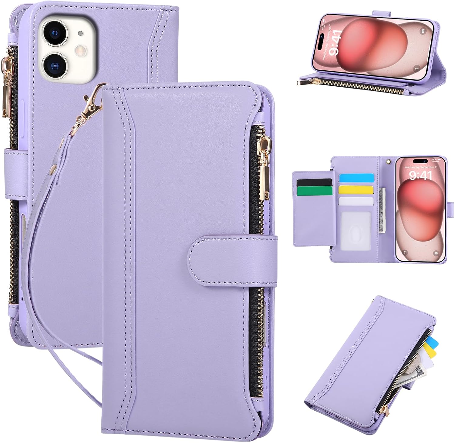 Compatible with iPhone 11 Wallet Phone Case-PU Leather Magnetic Flip Cover with Credit Card Slots,Zipper Pocket & Detachable Wrist Strap,Shockproof Design,for Women and Men-Purple